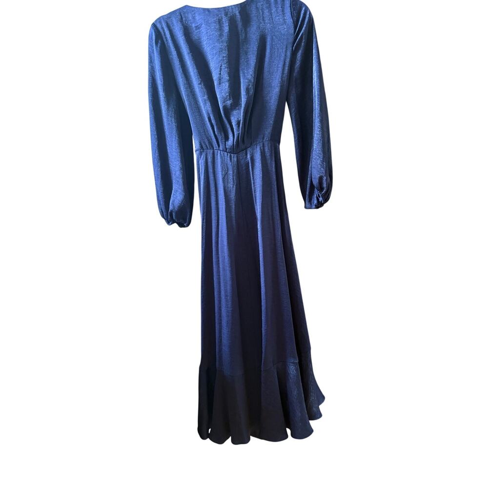 Gal Meets Glam Jennifer Navy Midi Satin Ruffle Wrap Hi Low Dress Size 2 - Picture 7 of 11